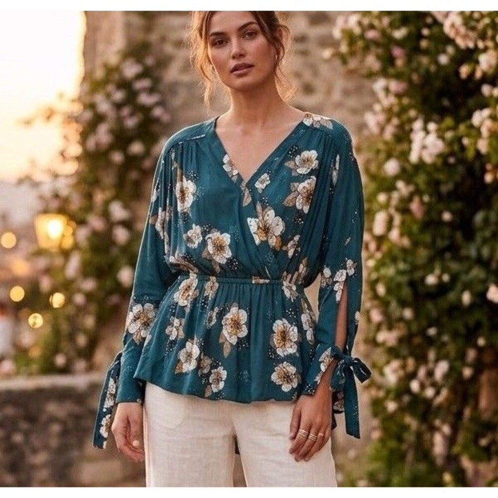 Free People Teal Floral Surplice Blouse | Tie Cuff Peplum Top XS Whimsigoth